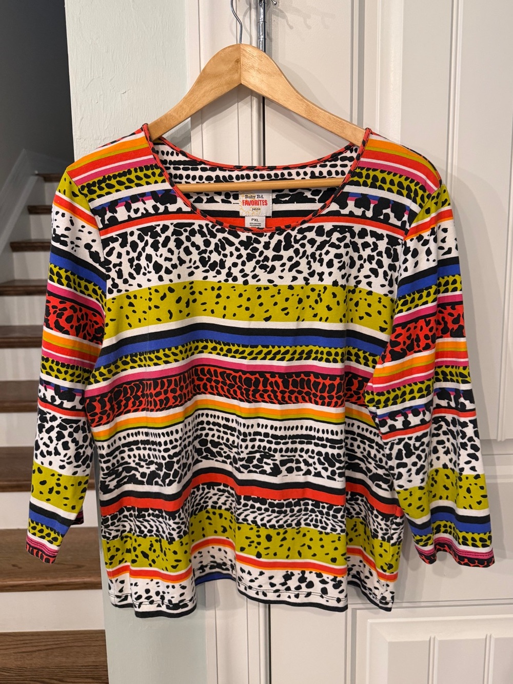 Ruby Rd Favorites Mixed Print Top Women’s PXL Colorful Animal Print 3/4 Sleeve